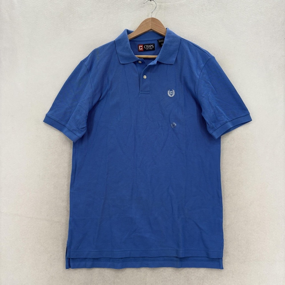 Chaps Polo Shirt Mens Medium Blue Solid Pique Crest Logo Short Sleeve Casual